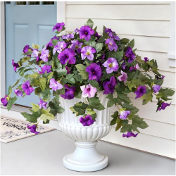 2PCS Artificial Petunia Flowers for Outdoors, Fake Flowers for Outdoor Planters UV Resistant Faux Silk Petunias for Garden Porch Yard Balcony Patio Realistic Home Kitchen Decor(Double Purple)